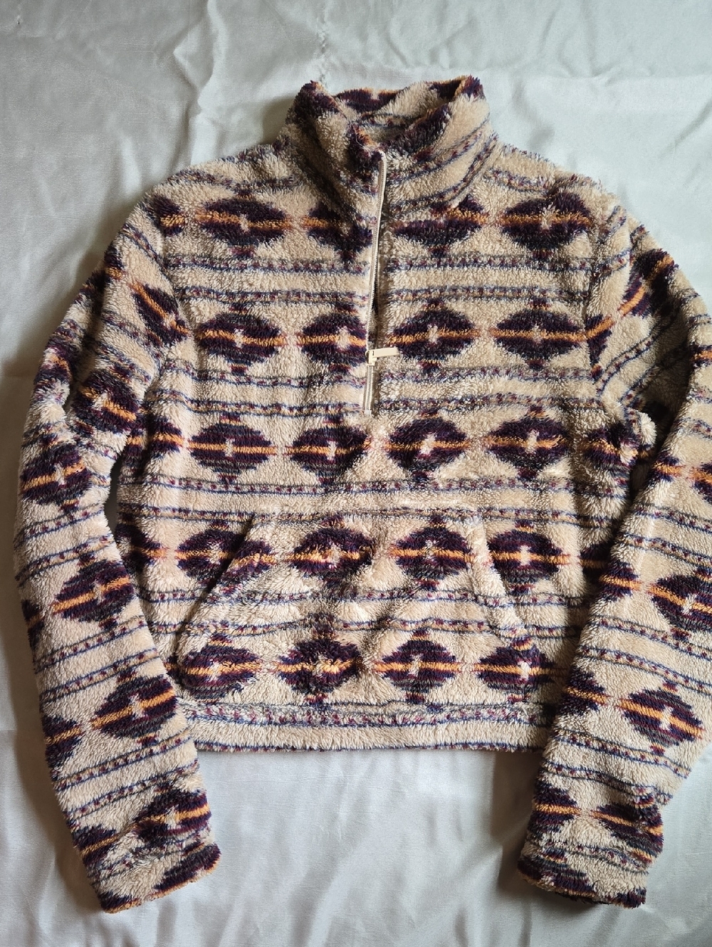 Cream Sherpa Half-Zip Pullover with Plum Geo Accent